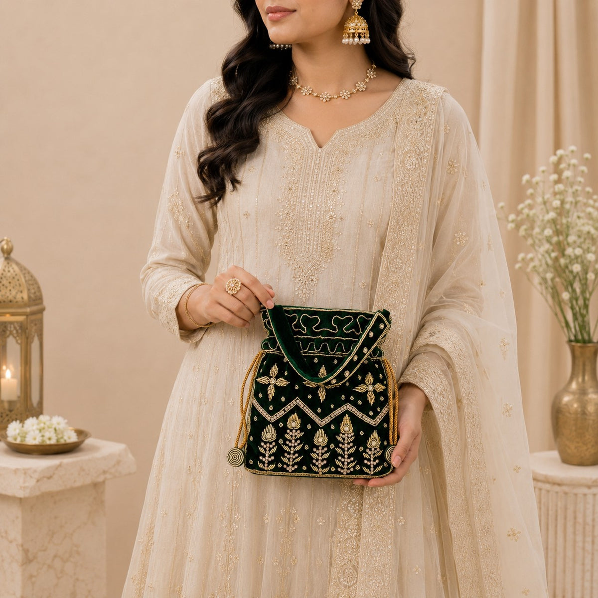 Emerald Gold Beaded Potli