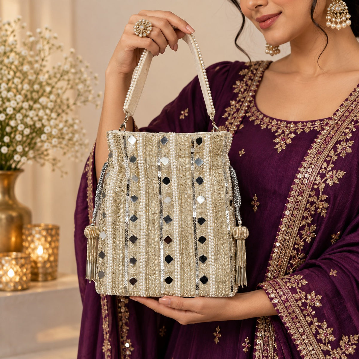 Silver Mirror Stripe Potli