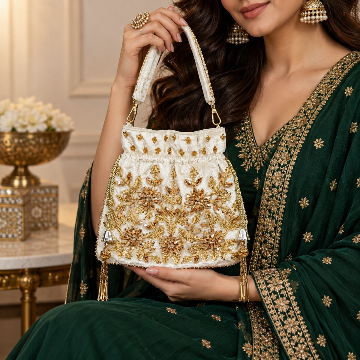 White Zardozi Embroidered Potli