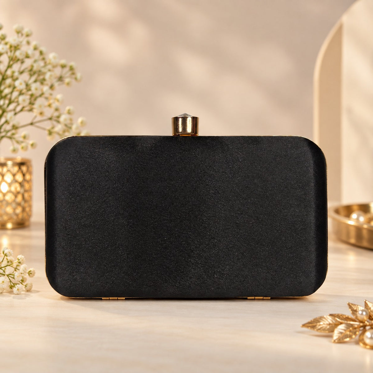 Gold Beaded Black Clutch