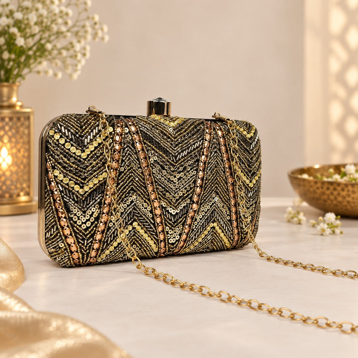 Gold Beaded Black Clutch