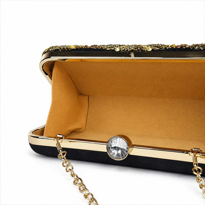 Gold Beaded Black Clutch
