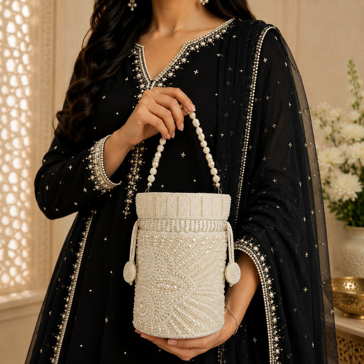 White Pearl Cylinder Potli