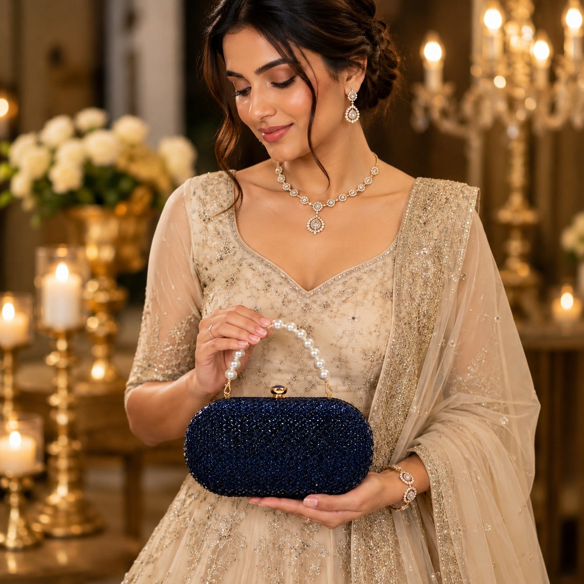 Noir Navy Blue Pearl Handle Clutch