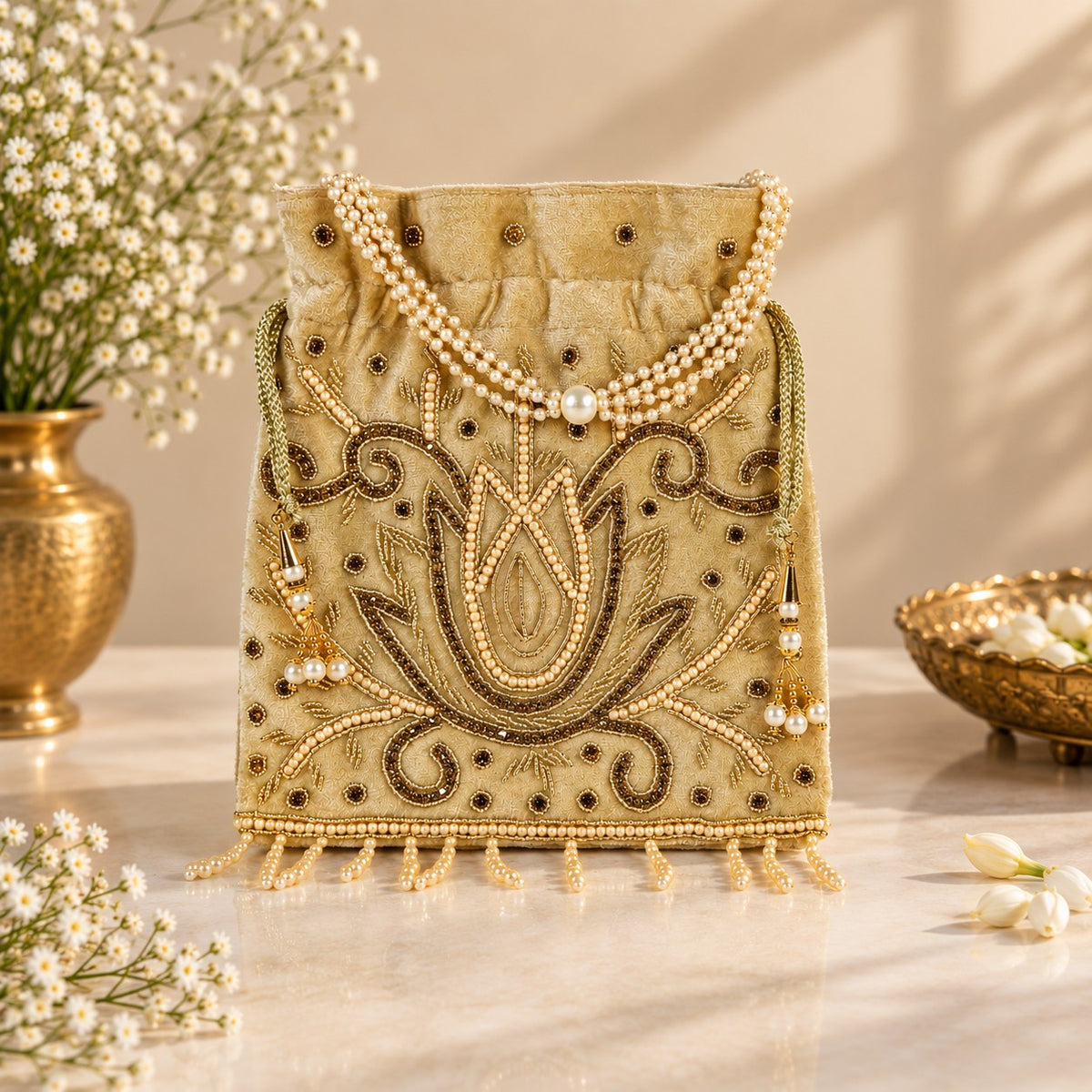 Golden Lotus Pearl Potli