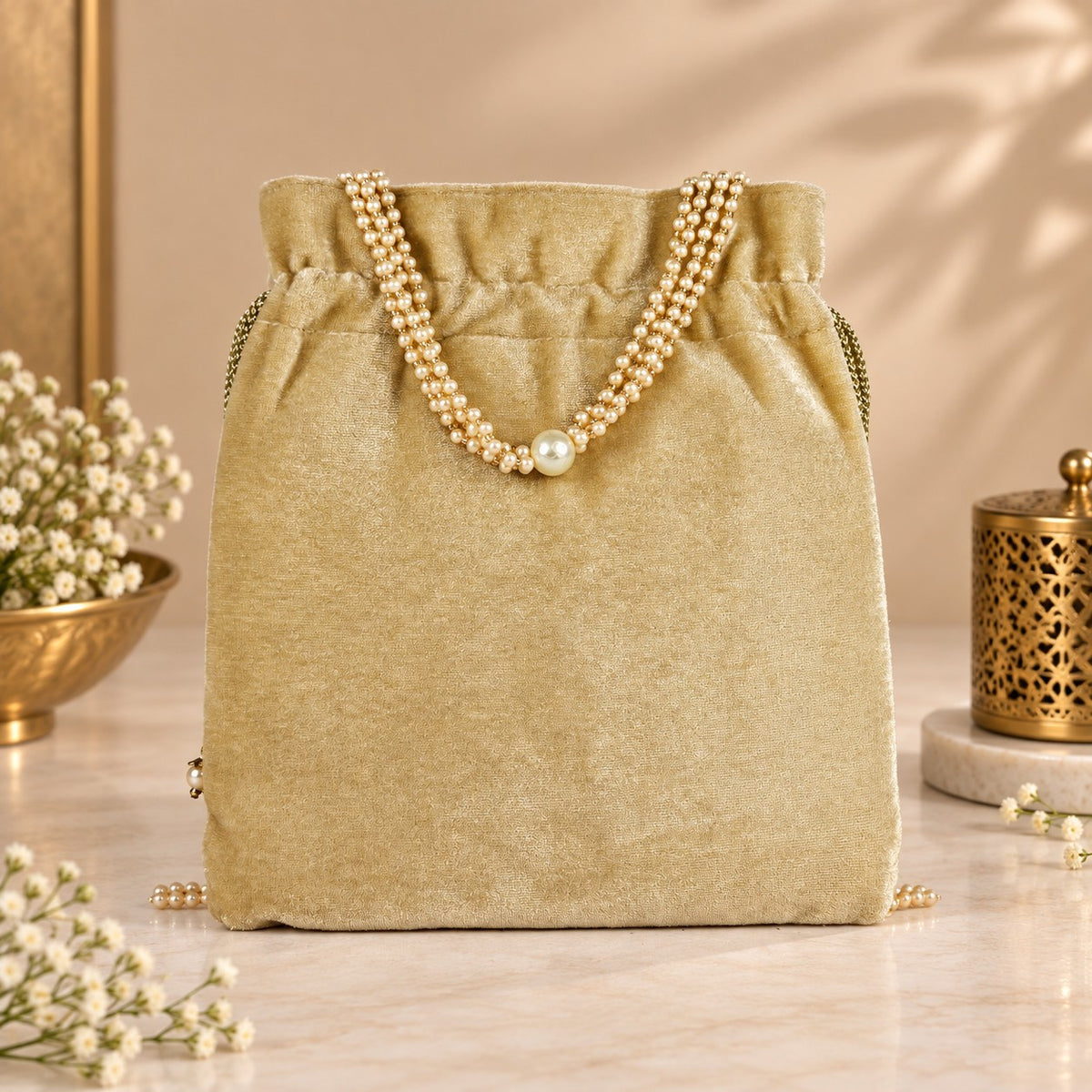Golden Lotus Pearl Potli