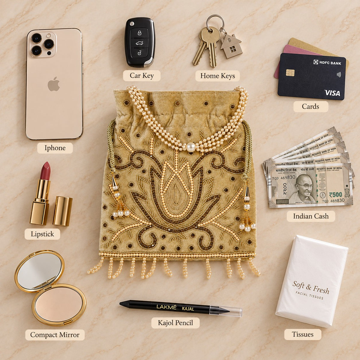 Golden Lotus Pearl Potli