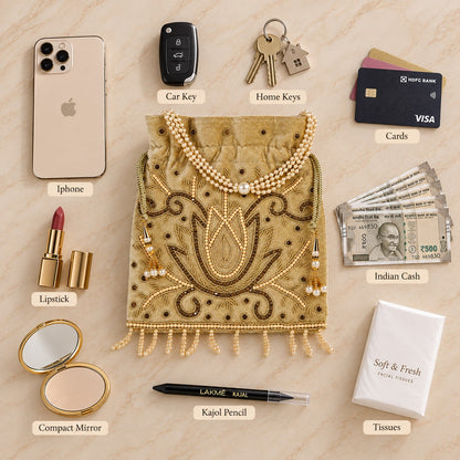 Golden Lotus Pearl Potli