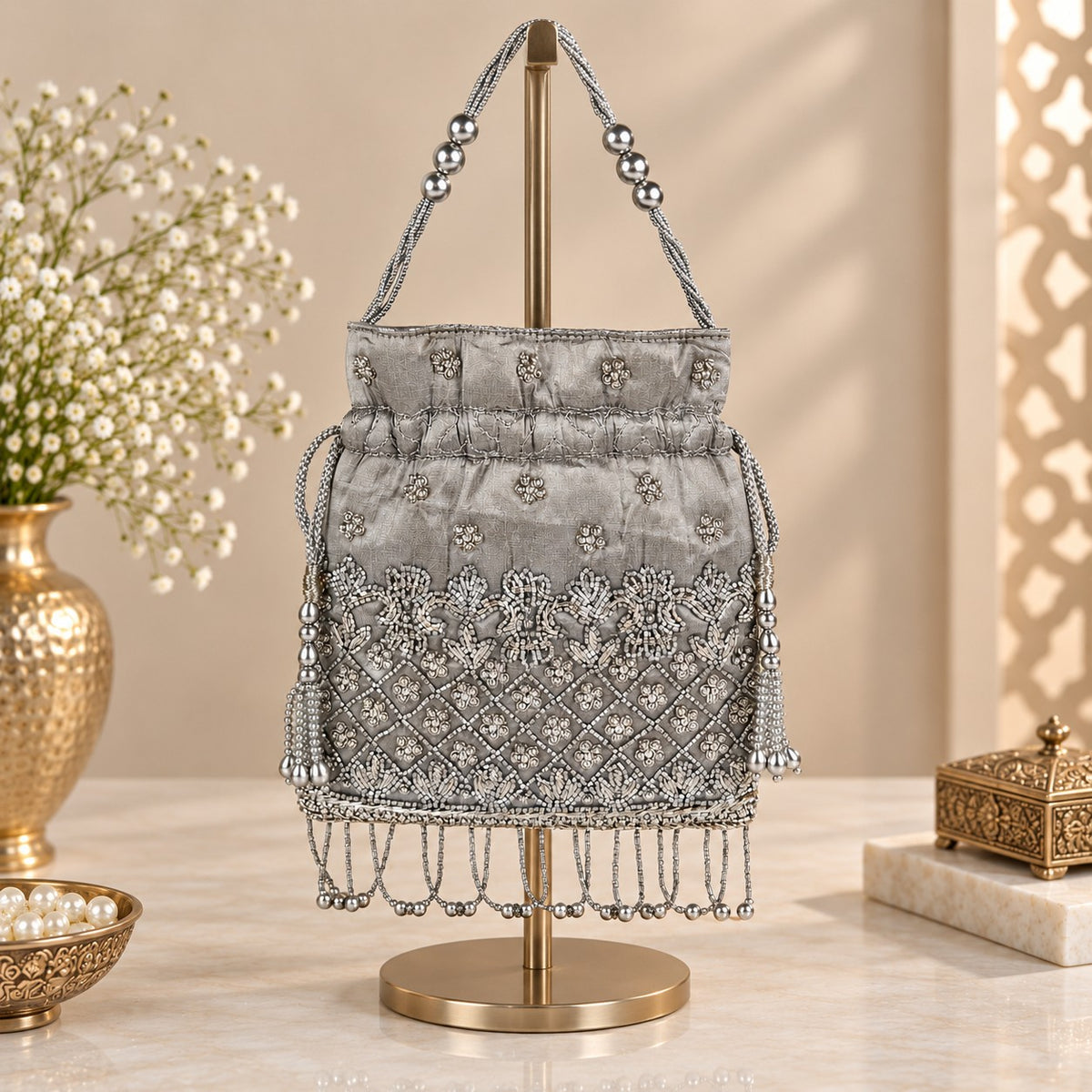 Silver Trellis Beaded Potli