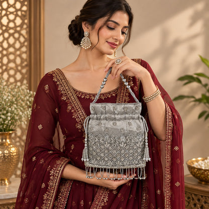 Silver Trellis Beaded Potli