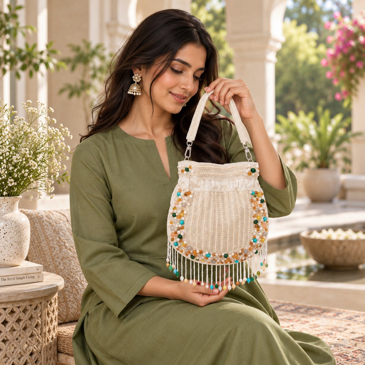 White Gemstone Fringe Potli