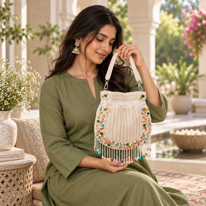 White Gemstone Fringe Potli