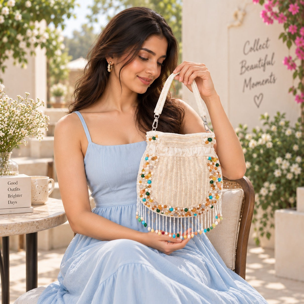 White Gemstone Fringe Potli