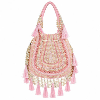 Ornate Pink Beaded Tassel Potli
