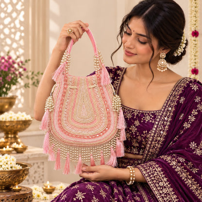 Ornate Pink Beaded Tassel Potli