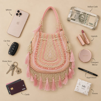Ornate Pink Beaded Tassel Potli
