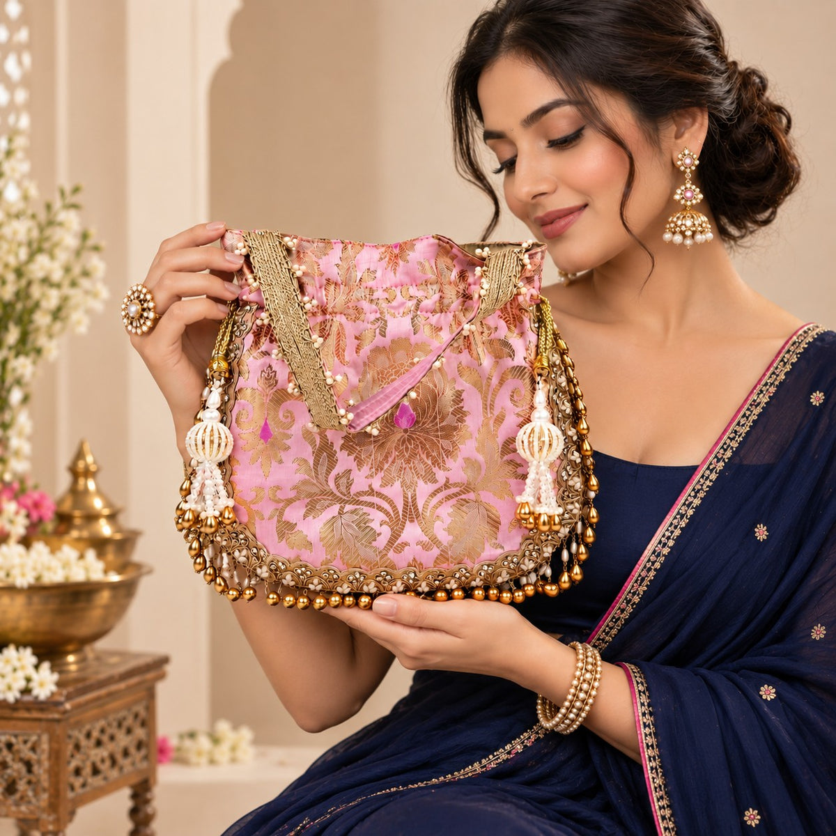 Blush Pink Brocade Potli