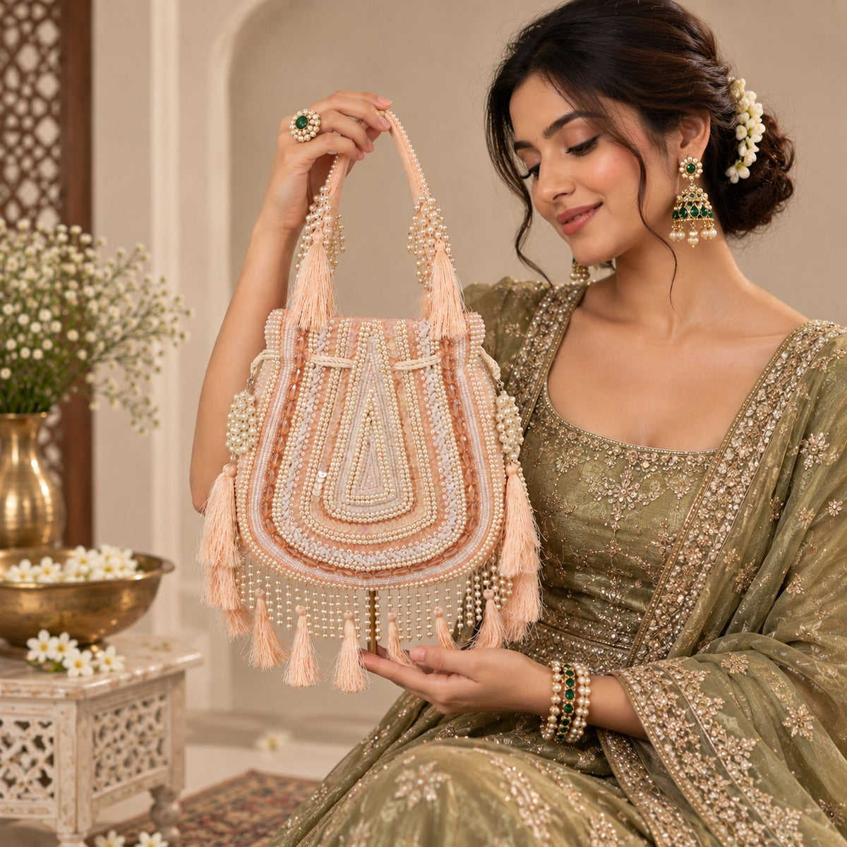 Peach Beaded Tassel Potli