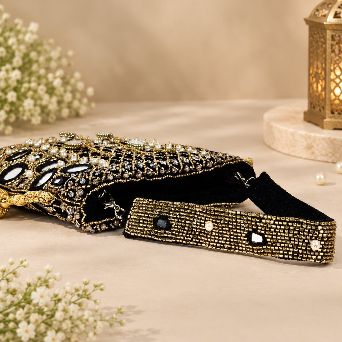 Luxurious Black and Gold Mirror work Potli