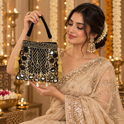 Luxurious Black and Gold Mirror work Potli