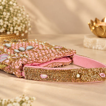 Luxurious Pink and Gold Mirror work Potli