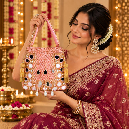 Luxurious Pink and Gold Mirror work Potli