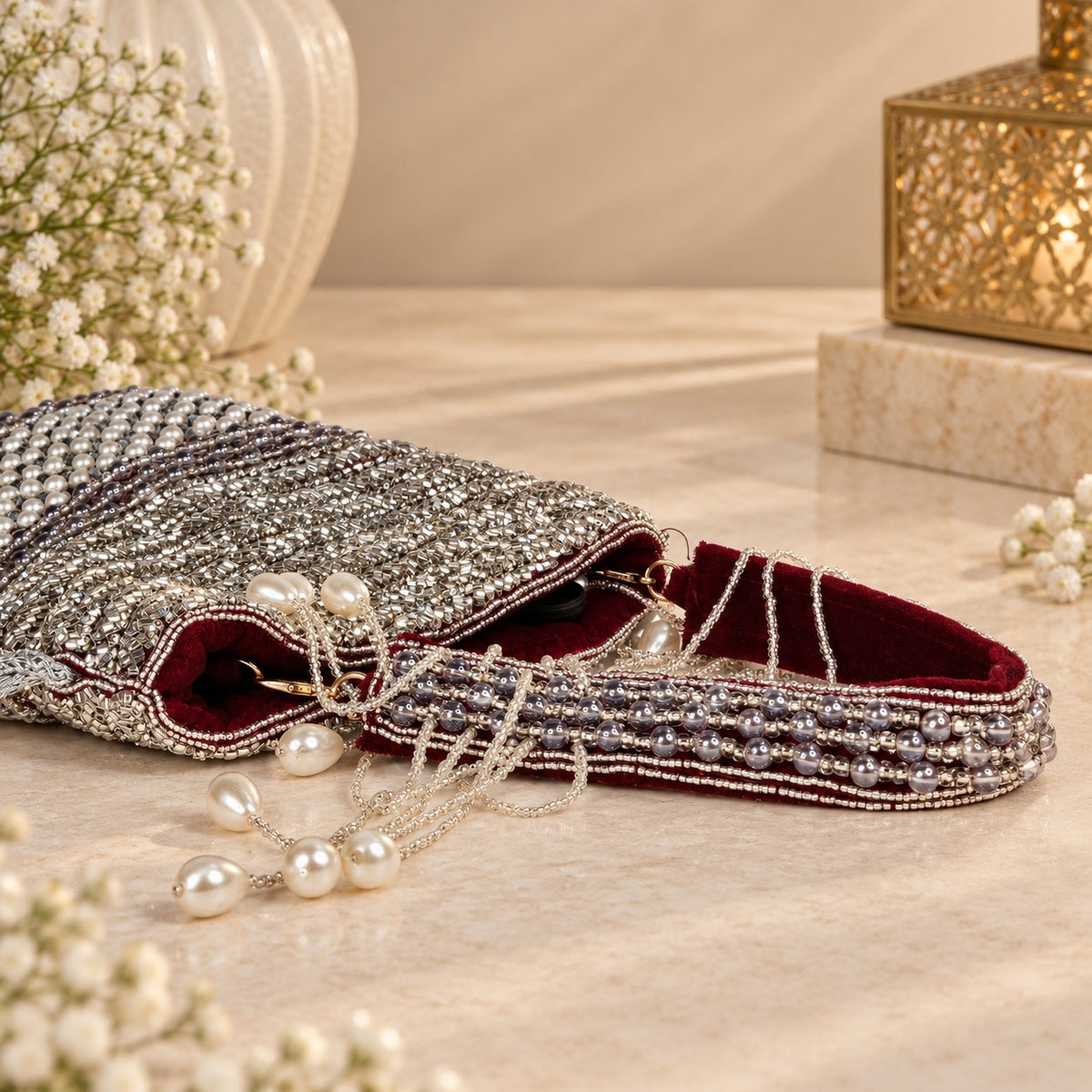 Maroon and Silver Pearl potli