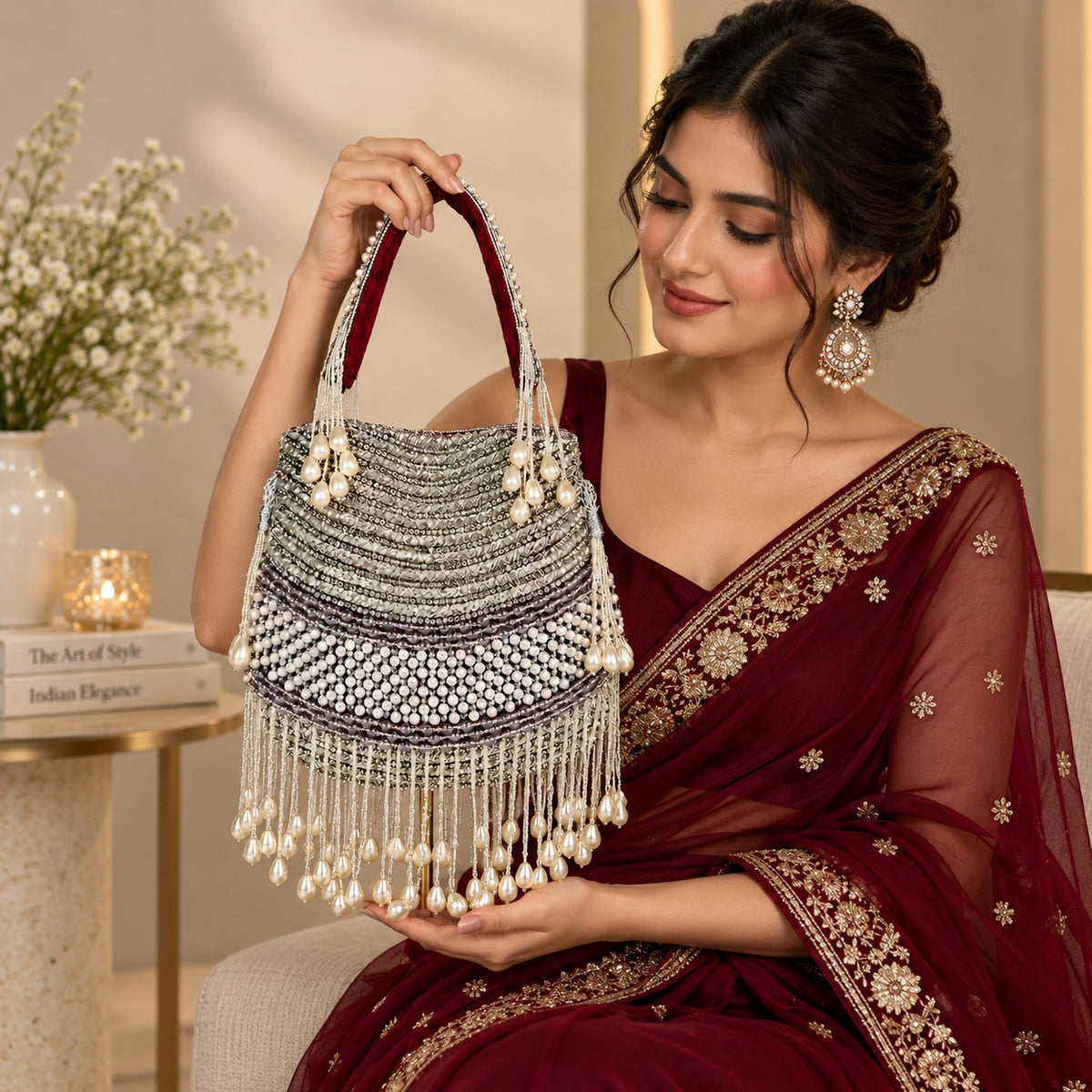 Maroon and Silver Pearl potli