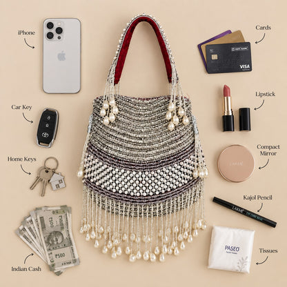 Maroon and Silver Pearl potli