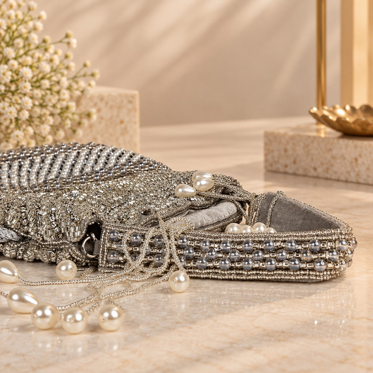 Grey and Silver Pearl potli