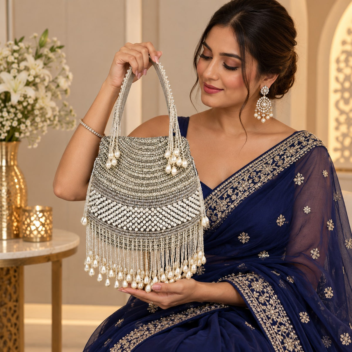 Grey and Silver Pearl potli