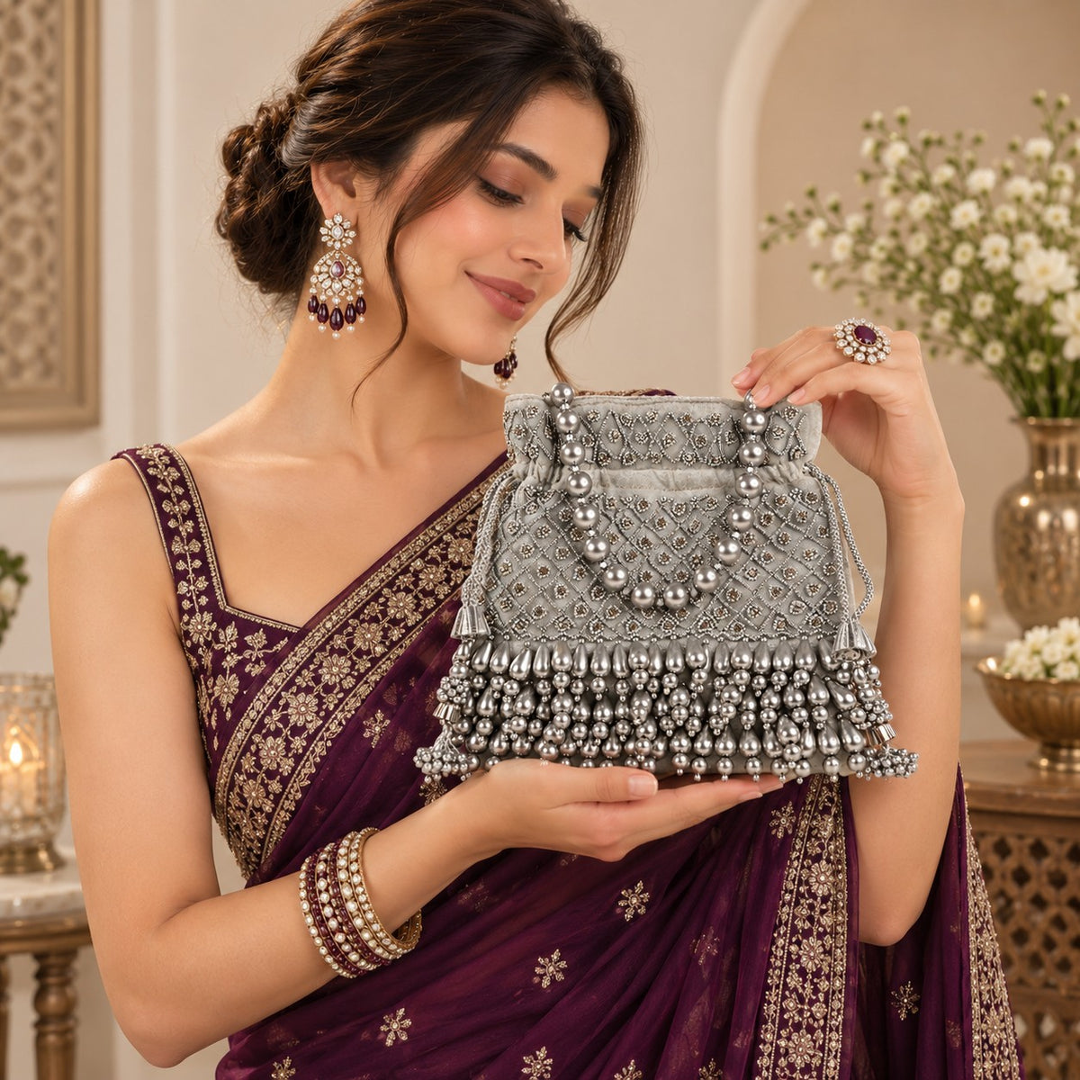 Silver Pearl Cascade Potli
