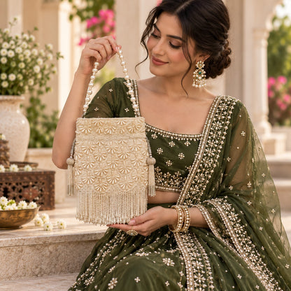 White Daisy Pearl Fringe Potli