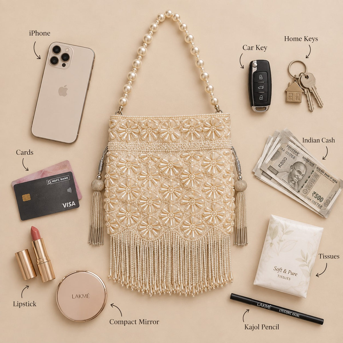 White Daisy Pearl Fringe Potli