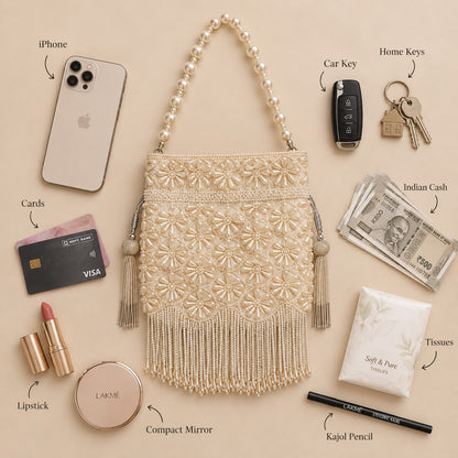 White Daisy Pearl Fringe Potli