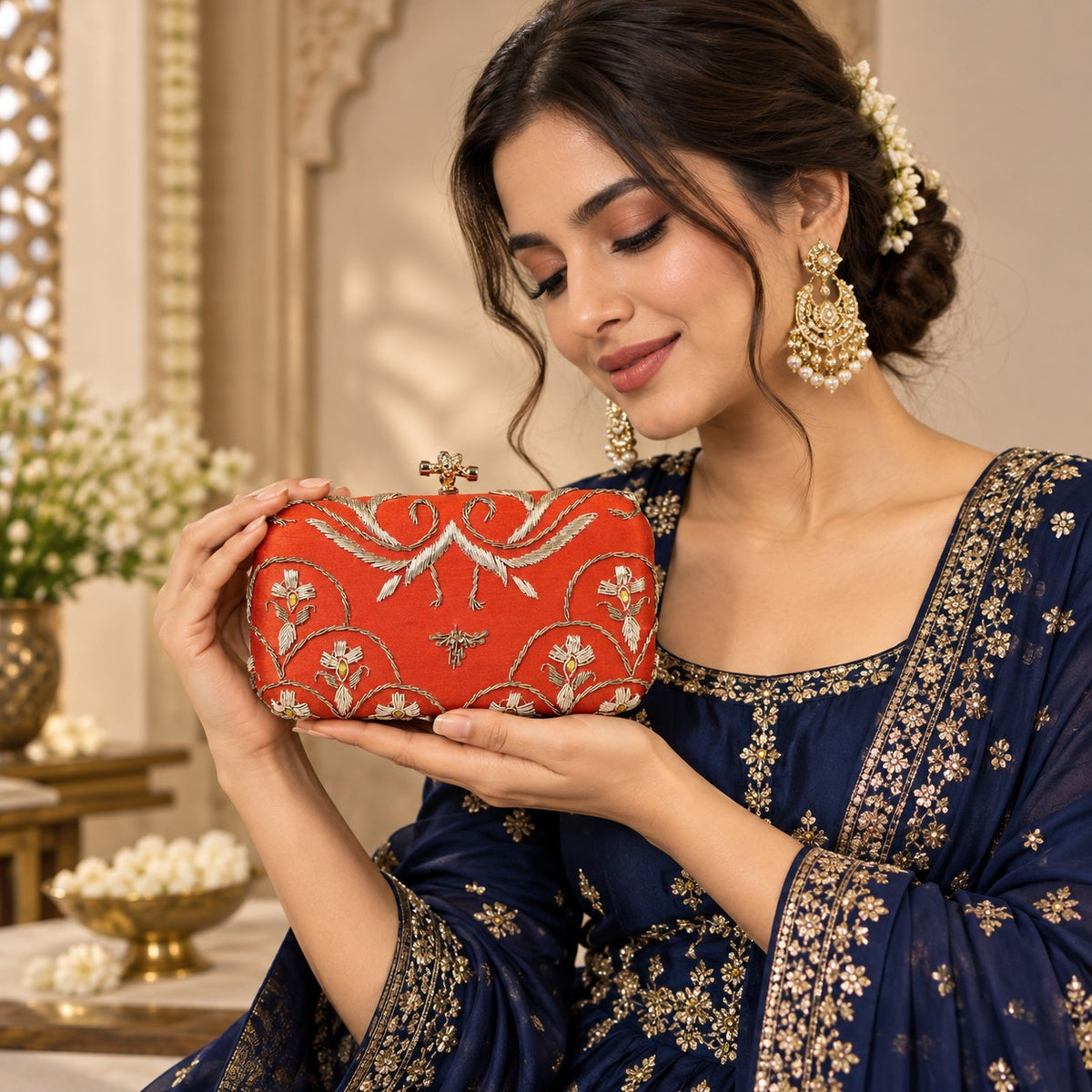 Luxury Terra-Cotta Embroidered Clutch