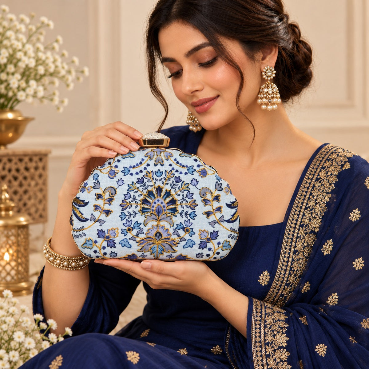 Ornate Blue Floral Clutch
