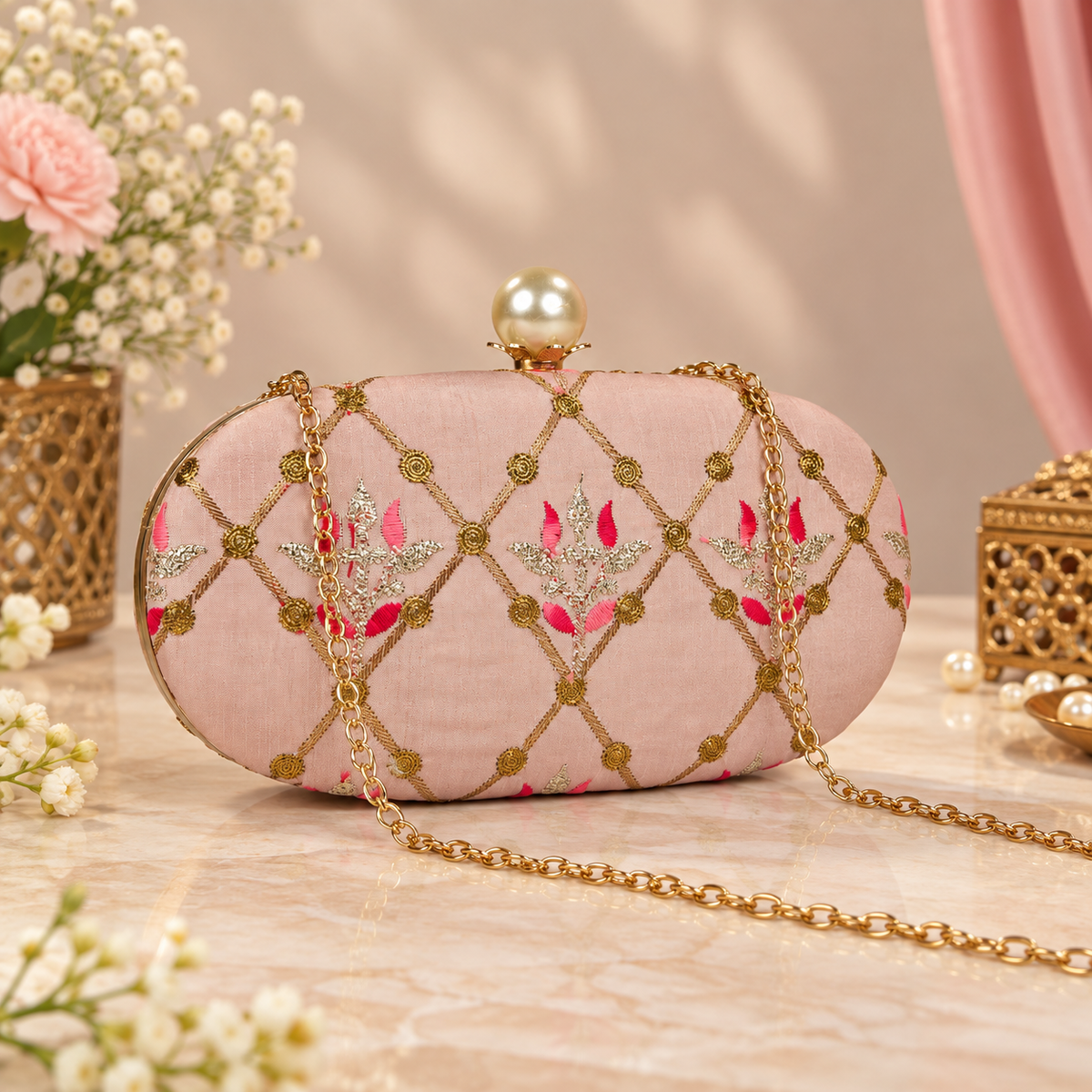 Embroidered Blush Pink Floral Clutch