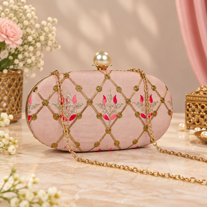 Embroidered Blush Pink Floral Clutch