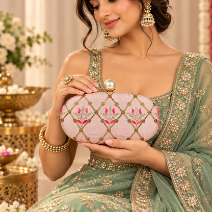 Embroidered Blush Pink Floral Clutch