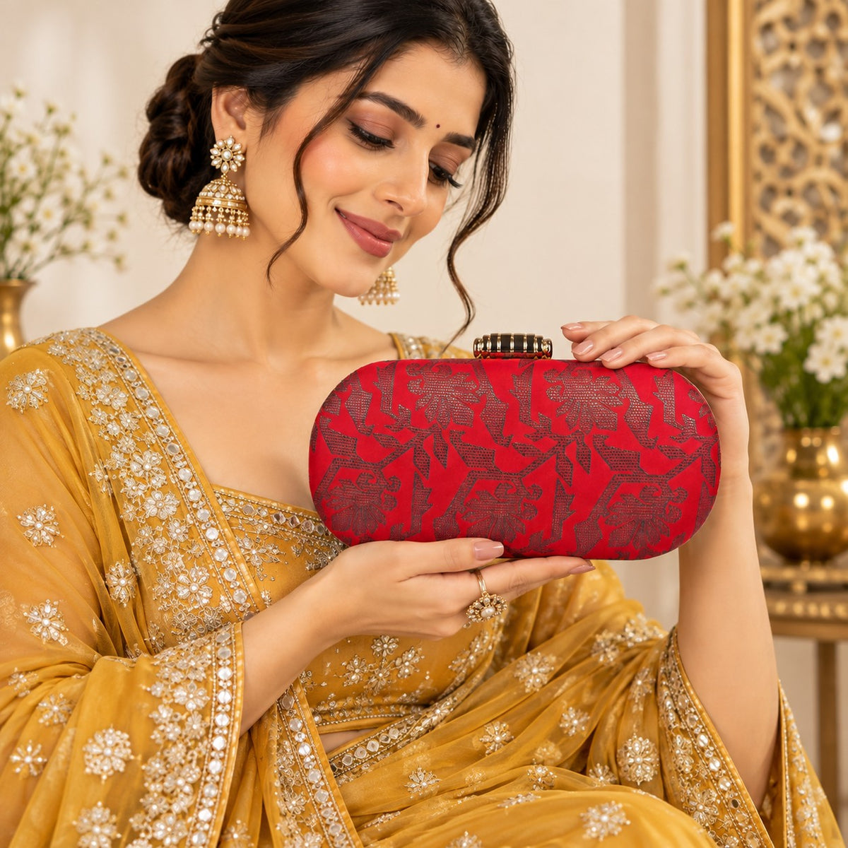 Red Brocade Floral Clutch