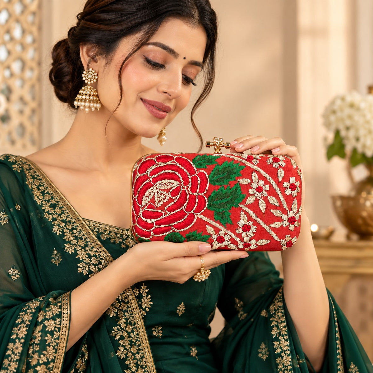 Embroidered Maroon Floral Clutch