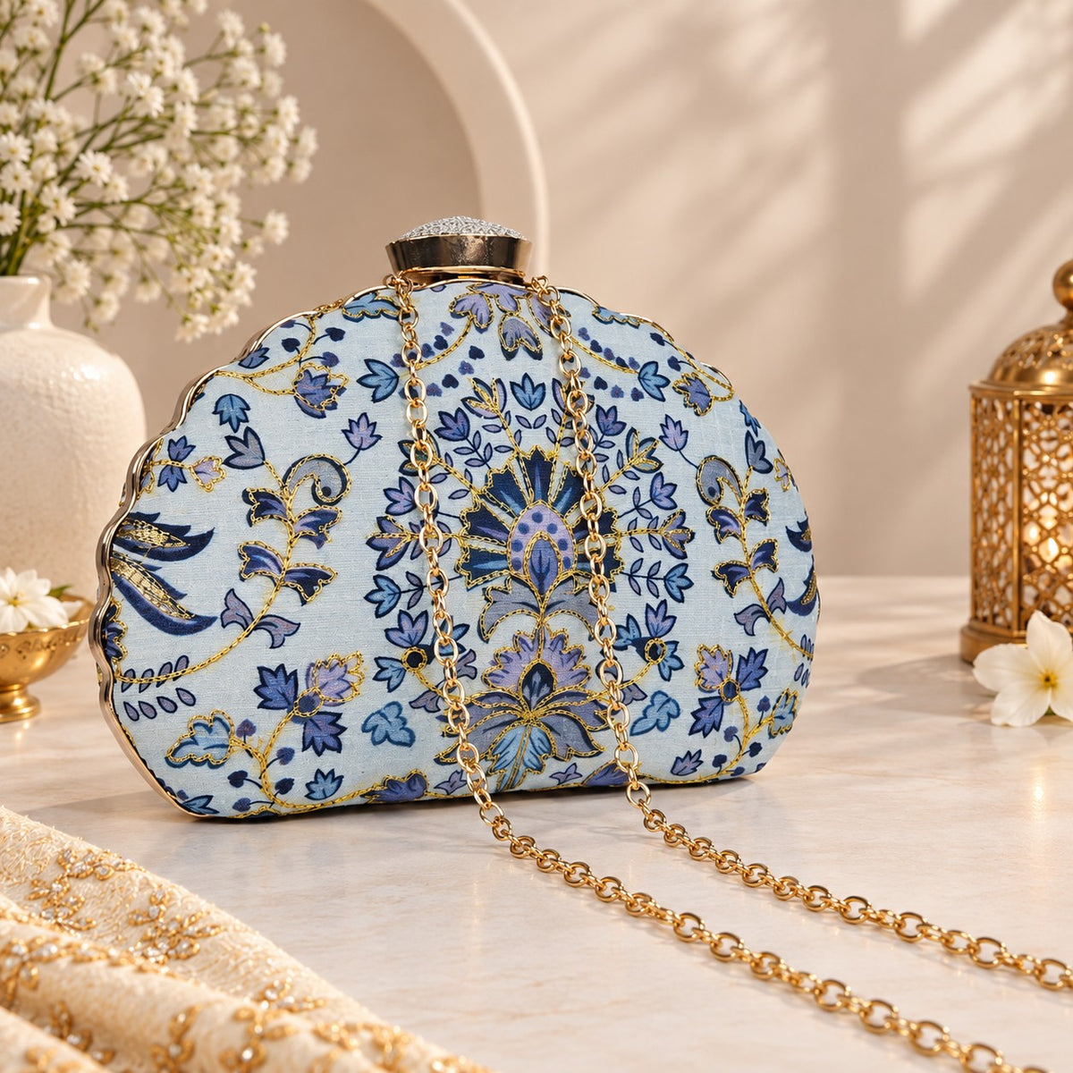 Ornate Blue Floral Clutch