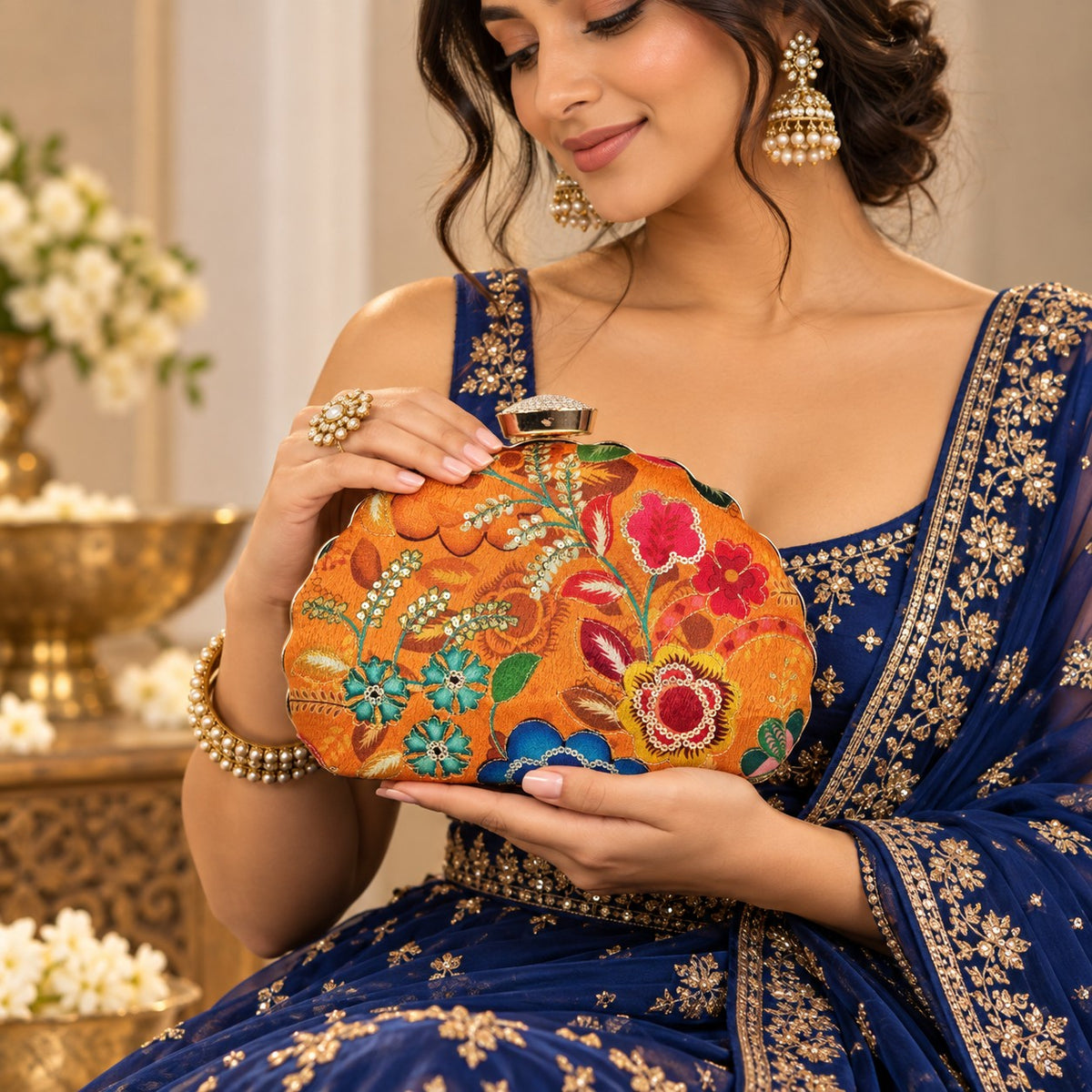 Ornate Orange Floral Clutch