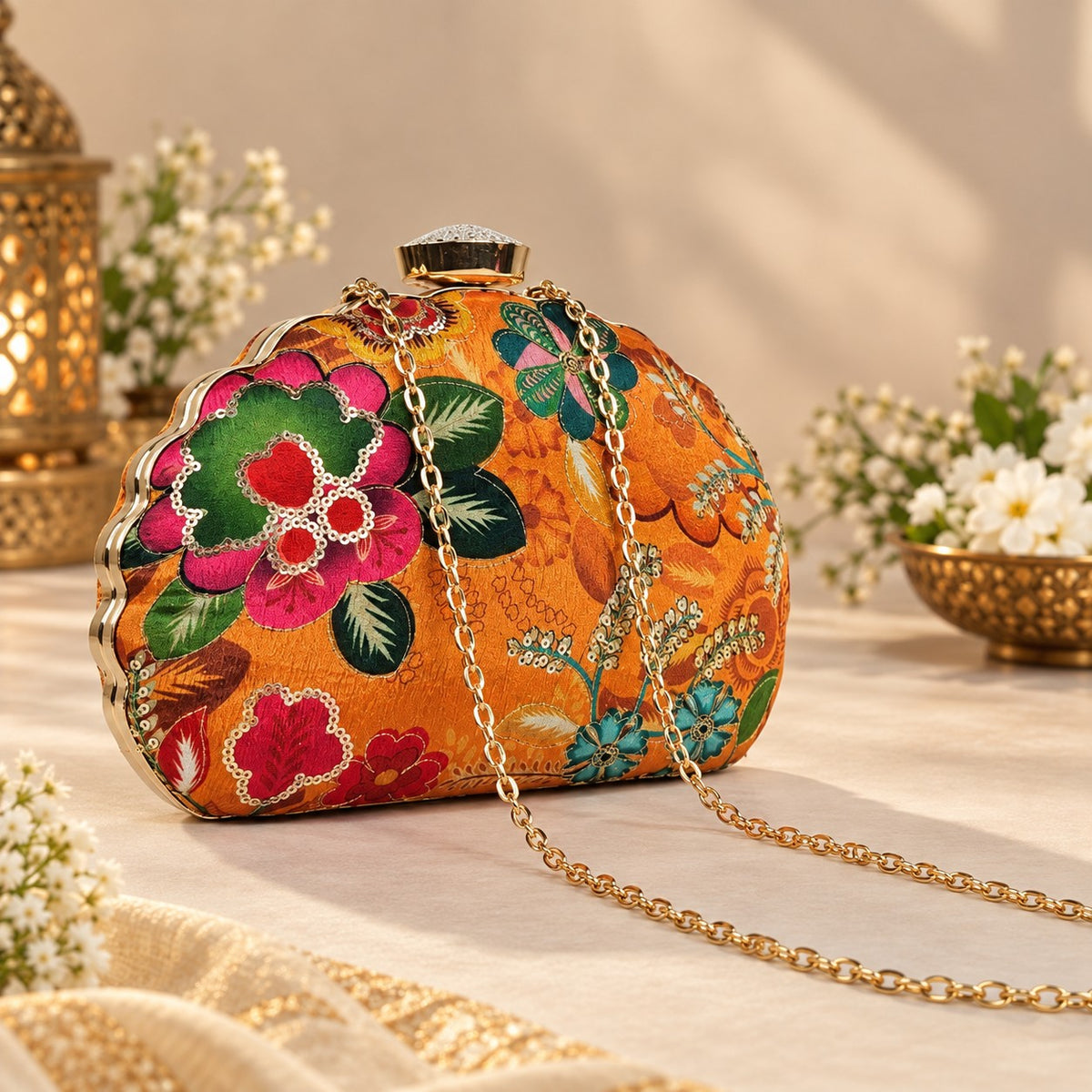 Ornate Orange Floral Clutch