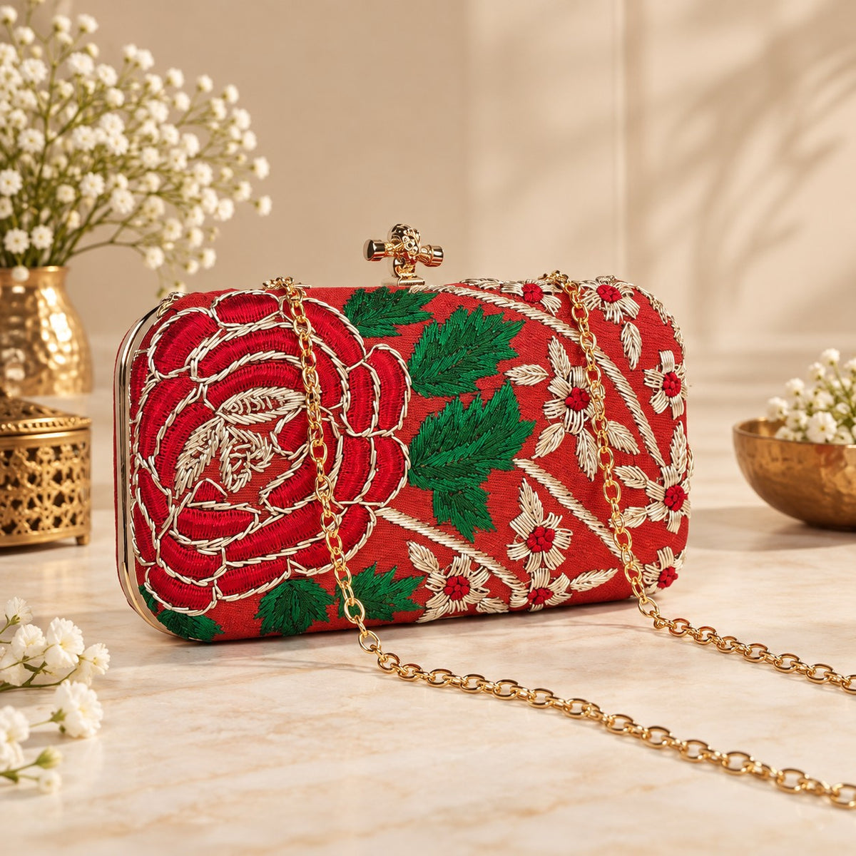 Embroidered Maroon Floral Clutch