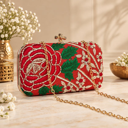 Embroidered Maroon Floral Clutch