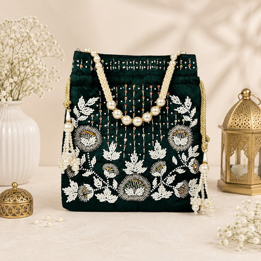 Emerald Green Pearl Blossom Potli
