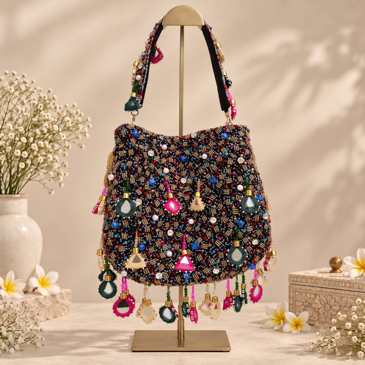 Embellished Black Beaded Potli