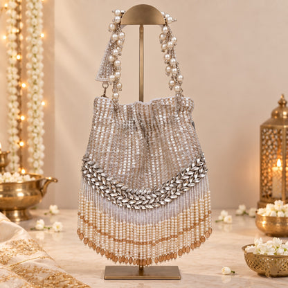 White Pearl Fringe Bridal Potli